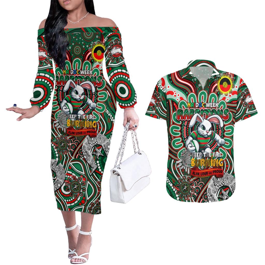 Custom NAIDOC Week 2024 Rabbitohs Couples Matching Off The Shoulder Long Sleeve Dress and Hawaiian Shirt Mascot Rugby DT02