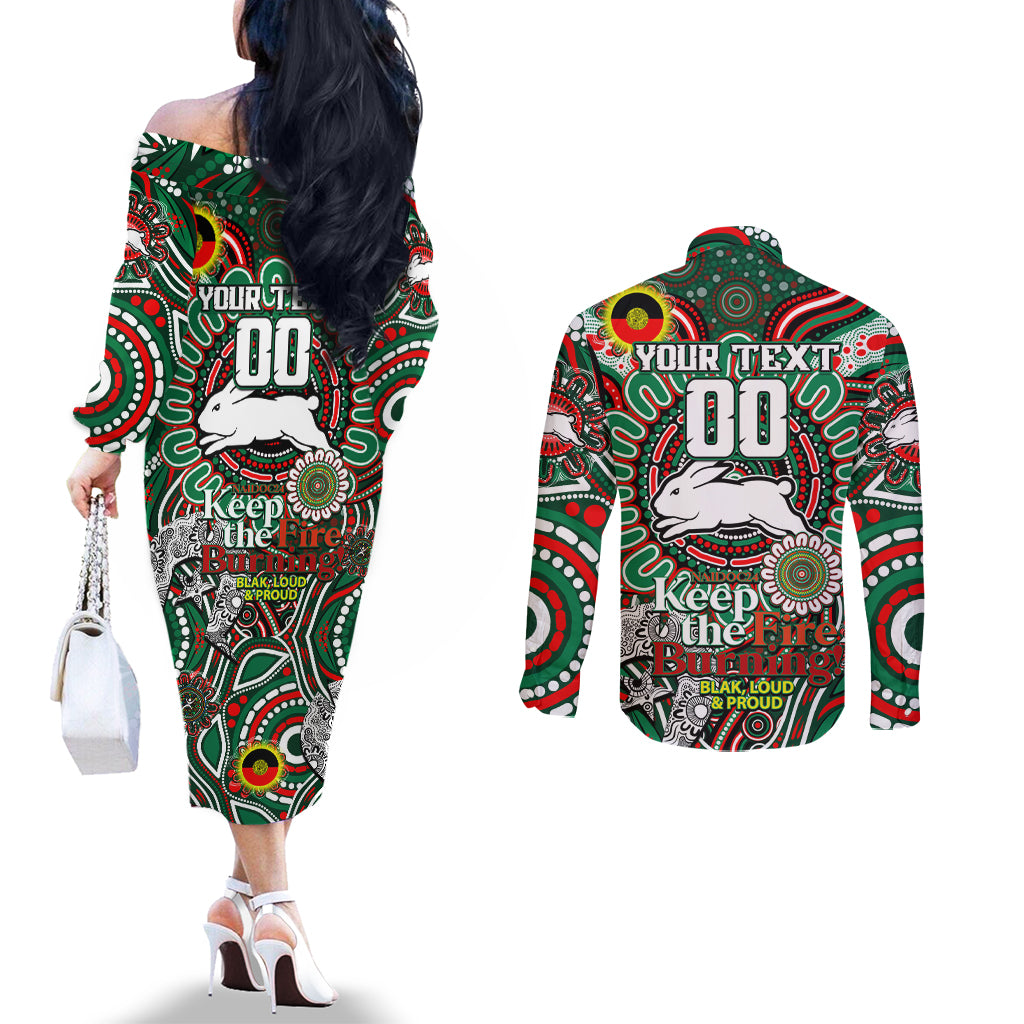Custom NAIDOC Week 2024 Rabbitohs Couples Matching Off The Shoulder Long Sleeve Dress and Long Sleeve Button Shirt Mascot Rugby DT02