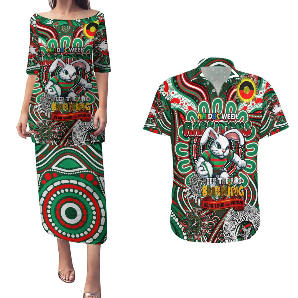 Custom NAIDOC Week 2024 Rabbitohs Couples Matching Puletasi and Hawaiian Shirt Mascot Rugby DT02