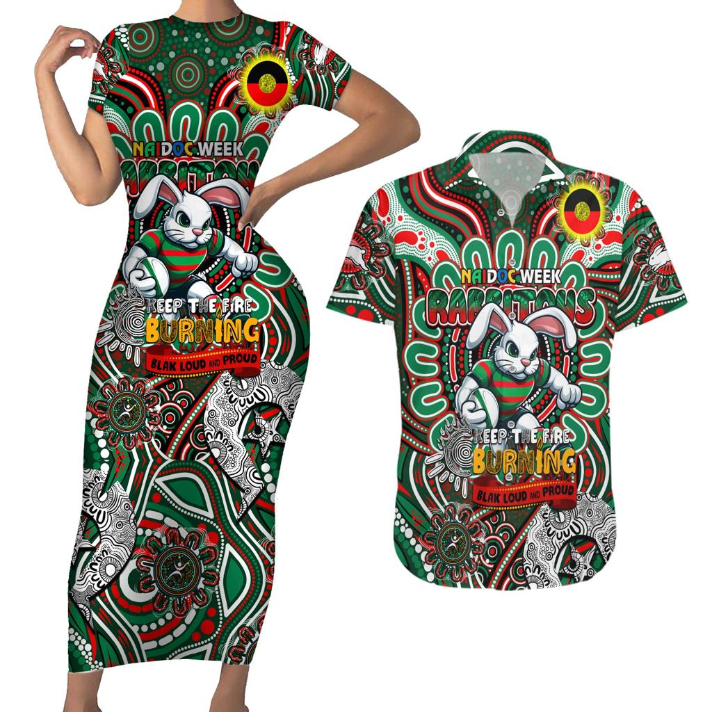 Custom NAIDOC Week 2024 Rabbitohs Couples Matching Short Sleeve Bodycon Dress and Hawaiian Shirt Mascot Rugby DT02