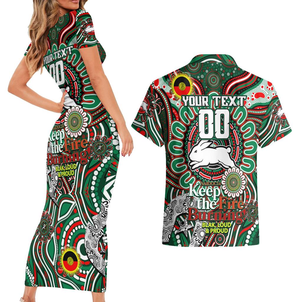 Custom NAIDOC Week 2024 Rabbitohs Couples Matching Short Sleeve Bodycon Dress and Hawaiian Shirt Mascot Rugby DT02