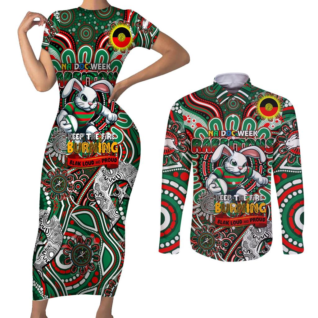 Custom NAIDOC Week 2024 Rabbitohs Couples Matching Short Sleeve Bodycon Dress and Long Sleeve Button Shirt Mascot Rugby DT02