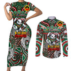 Custom NAIDOC Week 2024 Rabbitohs Couples Matching Short Sleeve Bodycon Dress and Long Sleeve Button Shirt Mascot Rugby DT02