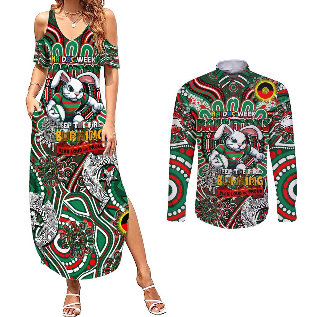 Custom NAIDOC Week 2024 Rabbitohs Couples Matching Summer Maxi Dress and Long Sleeve Button Shirt Mascot Rugby DT02