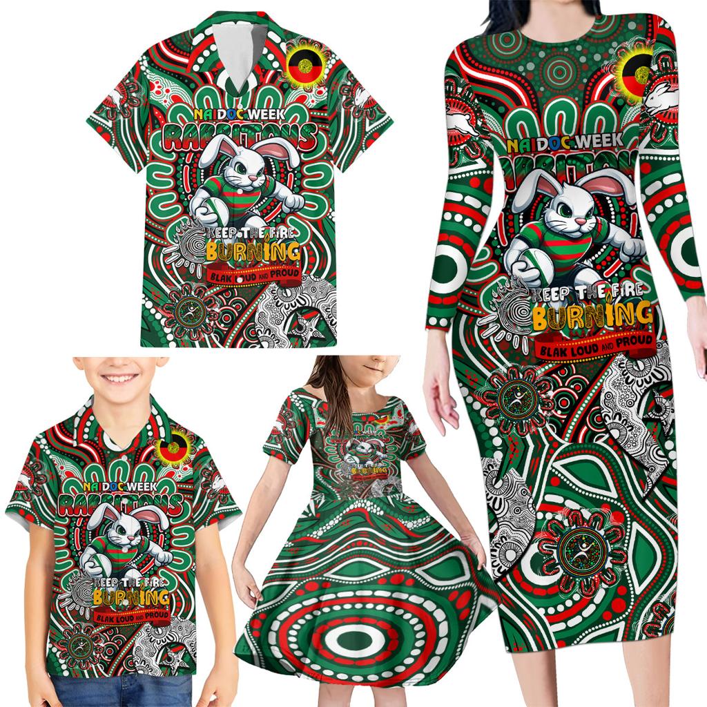 Custom NAIDOC Week 2024 Rabbitohs Family Matching Long Sleeve Bodycon Dress and Hawaiian Shirt Mascot Rugby DT02