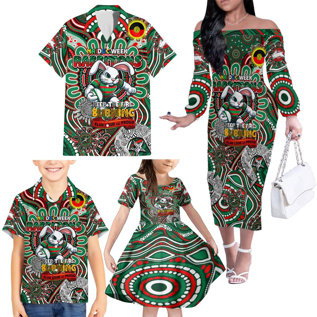 Custom NAIDOC Week 2024 Rabbitohs Family Matching Off The Shoulder Long Sleeve Dress and Hawaiian Shirt Mascot Rugby DT02