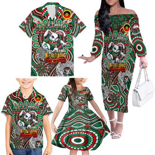 Custom NAIDOC Week 2024 Rabbitohs Family Matching Off The Shoulder Long Sleeve Dress and Hawaiian Shirt Mascot Rugby DT02