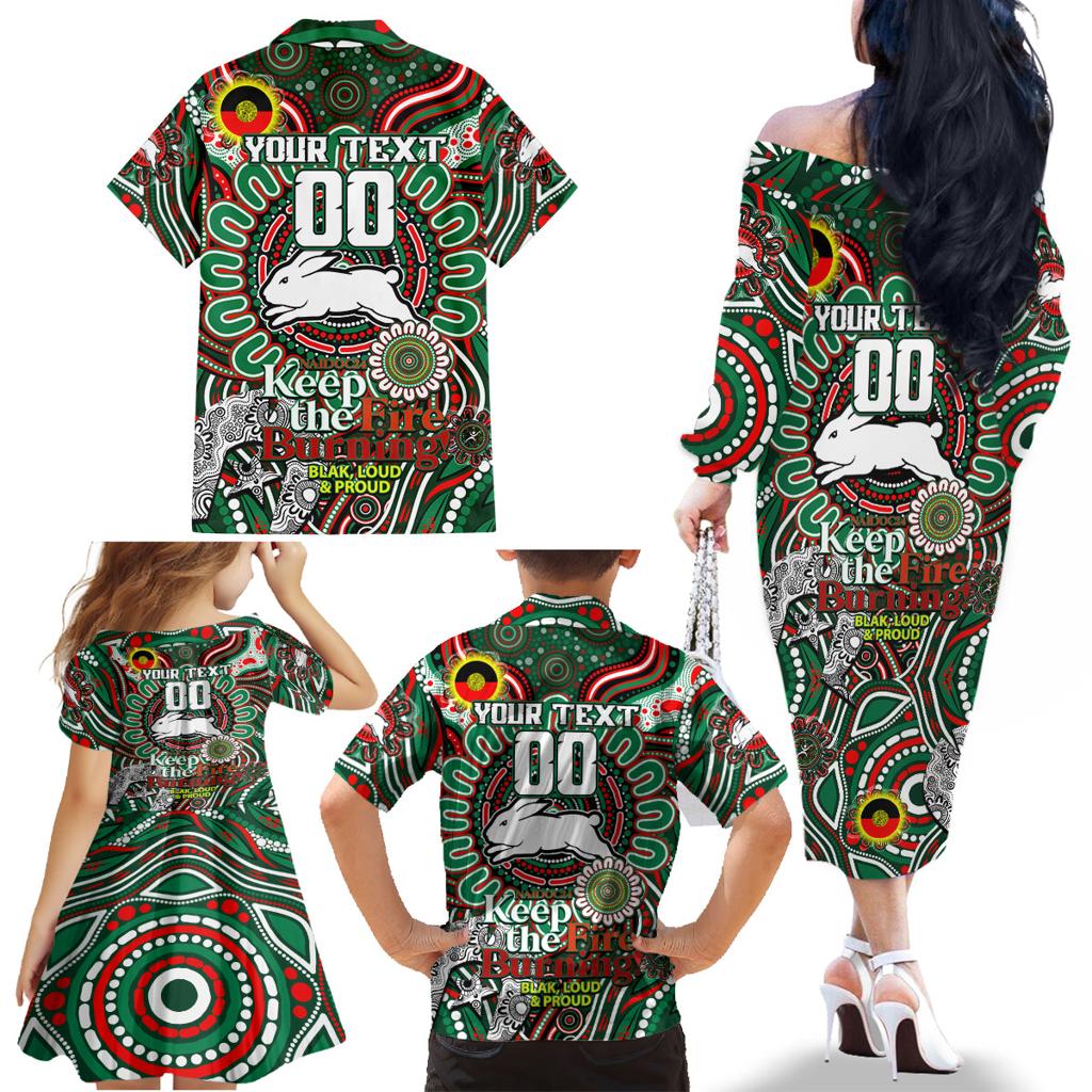 Custom NAIDOC Week 2024 Rabbitohs Family Matching Off The Shoulder Long Sleeve Dress and Hawaiian Shirt Mascot Rugby DT02