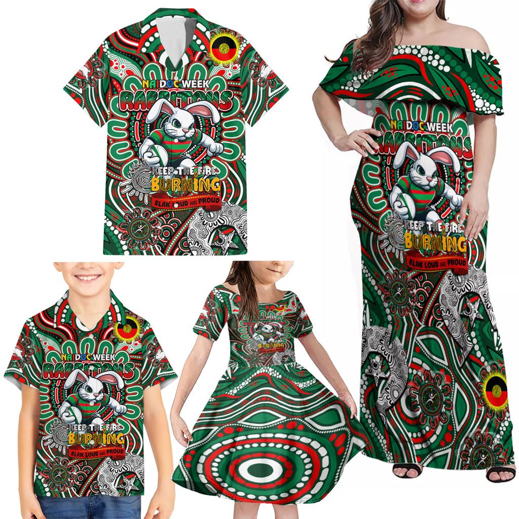 Custom NAIDOC Week 2024 Rabbitohs Family Matching Off Shoulder Maxi Dress and Hawaiian Shirt Mascot Rugby DT02