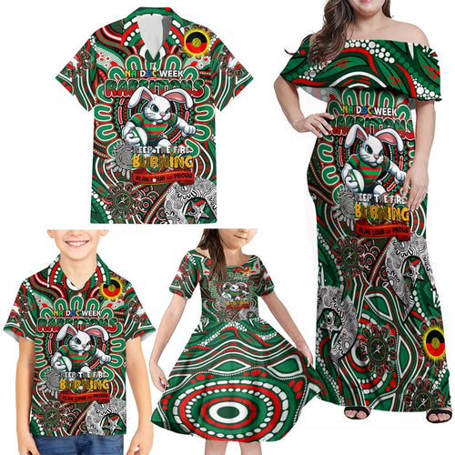 Custom NAIDOC Week 2024 Rabbitohs Family Matching Off Shoulder Maxi Dress and Hawaiian Shirt Mascot Rugby DT02