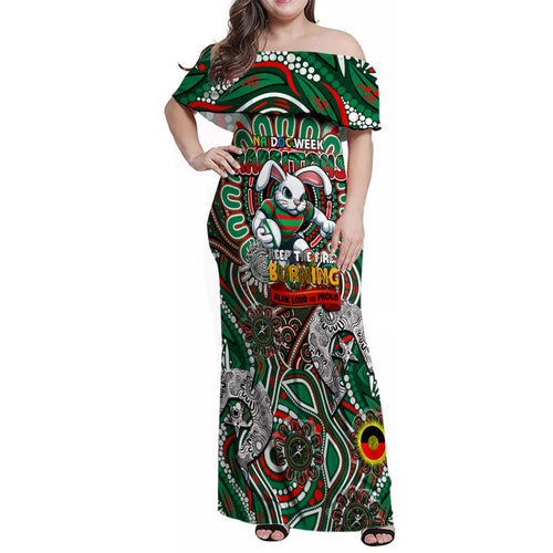 Custom NAIDOC Week 2024 Rabbitohs Family Matching Off Shoulder Maxi Dress and Hawaiian Shirt Mascot Rugby DT02