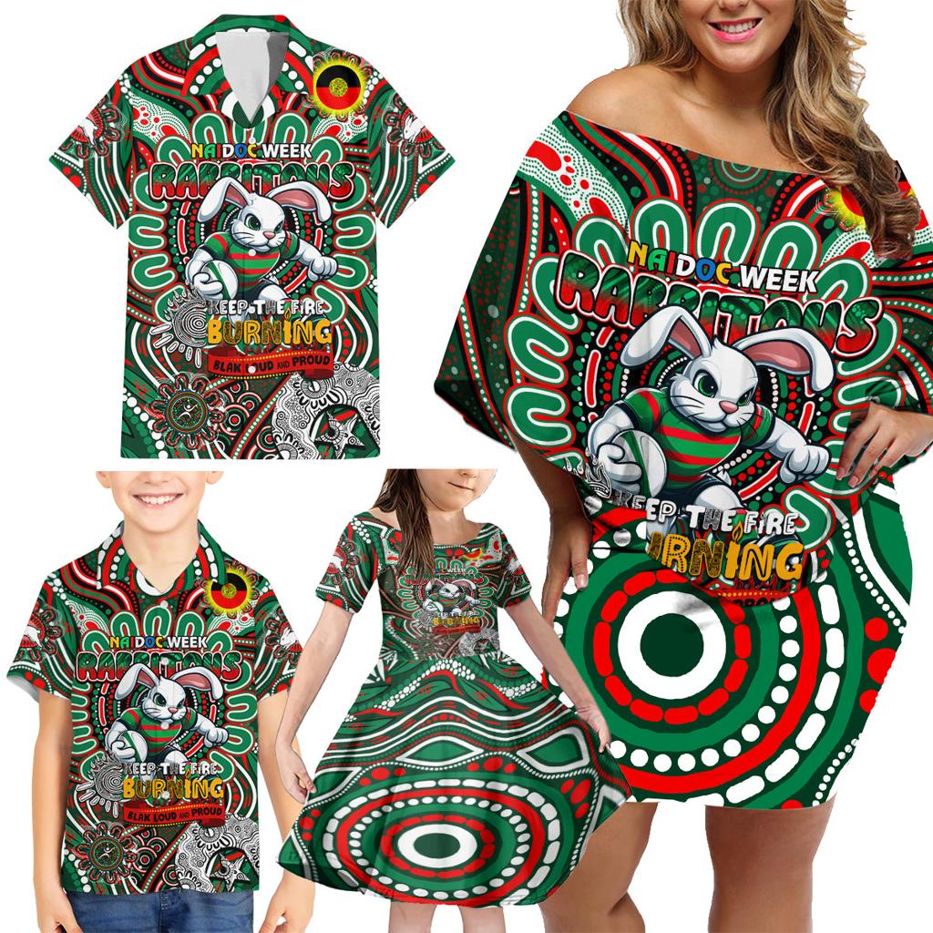 Custom NAIDOC Week 2024 Rabbitohs Family Matching Off Shoulder Short Dress and Hawaiian Shirt Mascot Rugby DT02