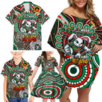 Custom NAIDOC Week 2024 Rabbitohs Family Matching Off Shoulder Short Dress and Hawaiian Shirt Mascot Rugby DT02