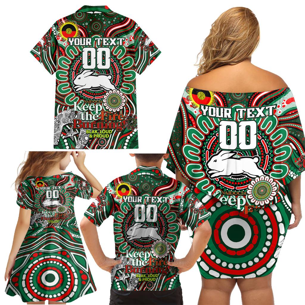 Custom NAIDOC Week 2024 Rabbitohs Family Matching Off Shoulder Short Dress and Hawaiian Shirt Mascot Rugby DT02
