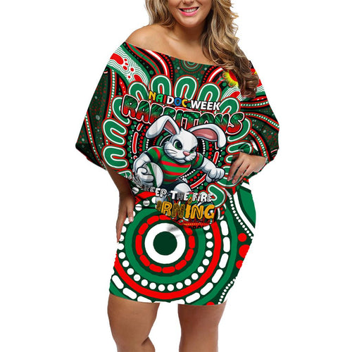 Custom NAIDOC Week 2024 Rabbitohs Family Matching Off Shoulder Short Dress and Hawaiian Shirt Mascot Rugby DT02