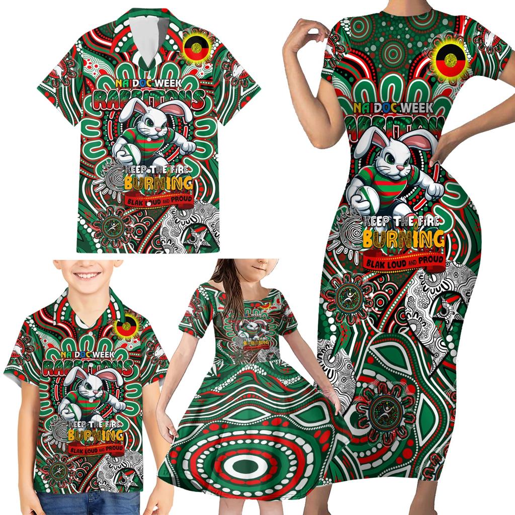 Custom NAIDOC Week 2024 Rabbitohs Family Matching Short Sleeve Bodycon Dress and Hawaiian Shirt Mascot Rugby DT02