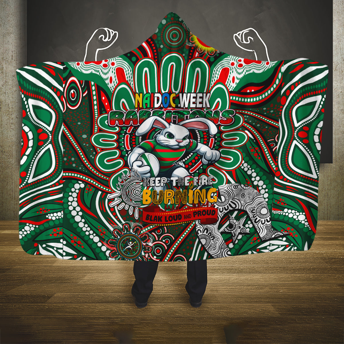 NAIDOC Week 2024 Rabbitohs Hooded Blanket Mascot Rugby