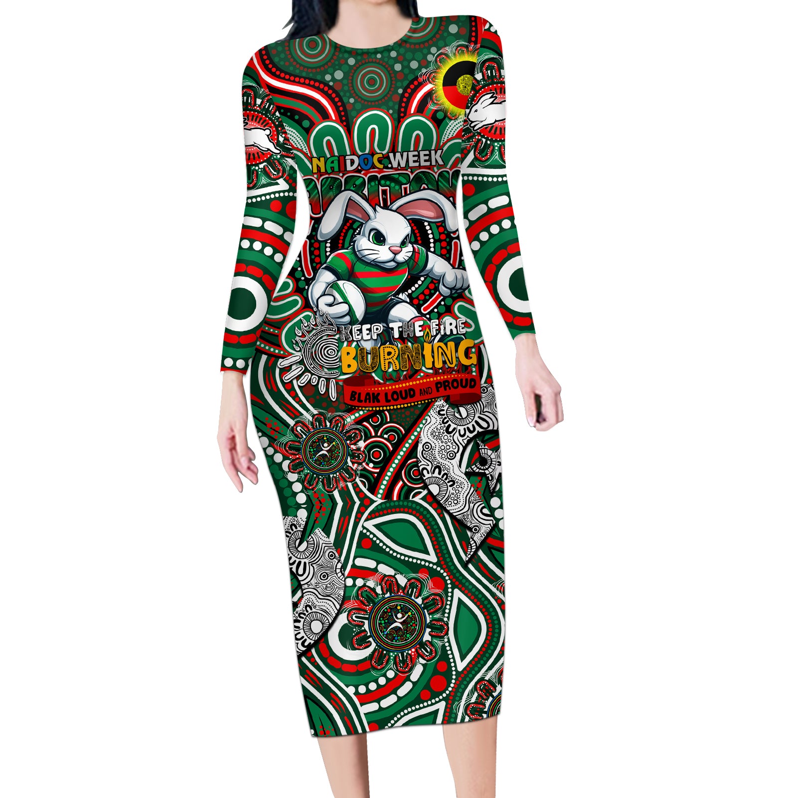 Custom NAIDOC Week 2024 Rabbitohs Long Sleeve Bodycon Dress Mascot Rugby DT02