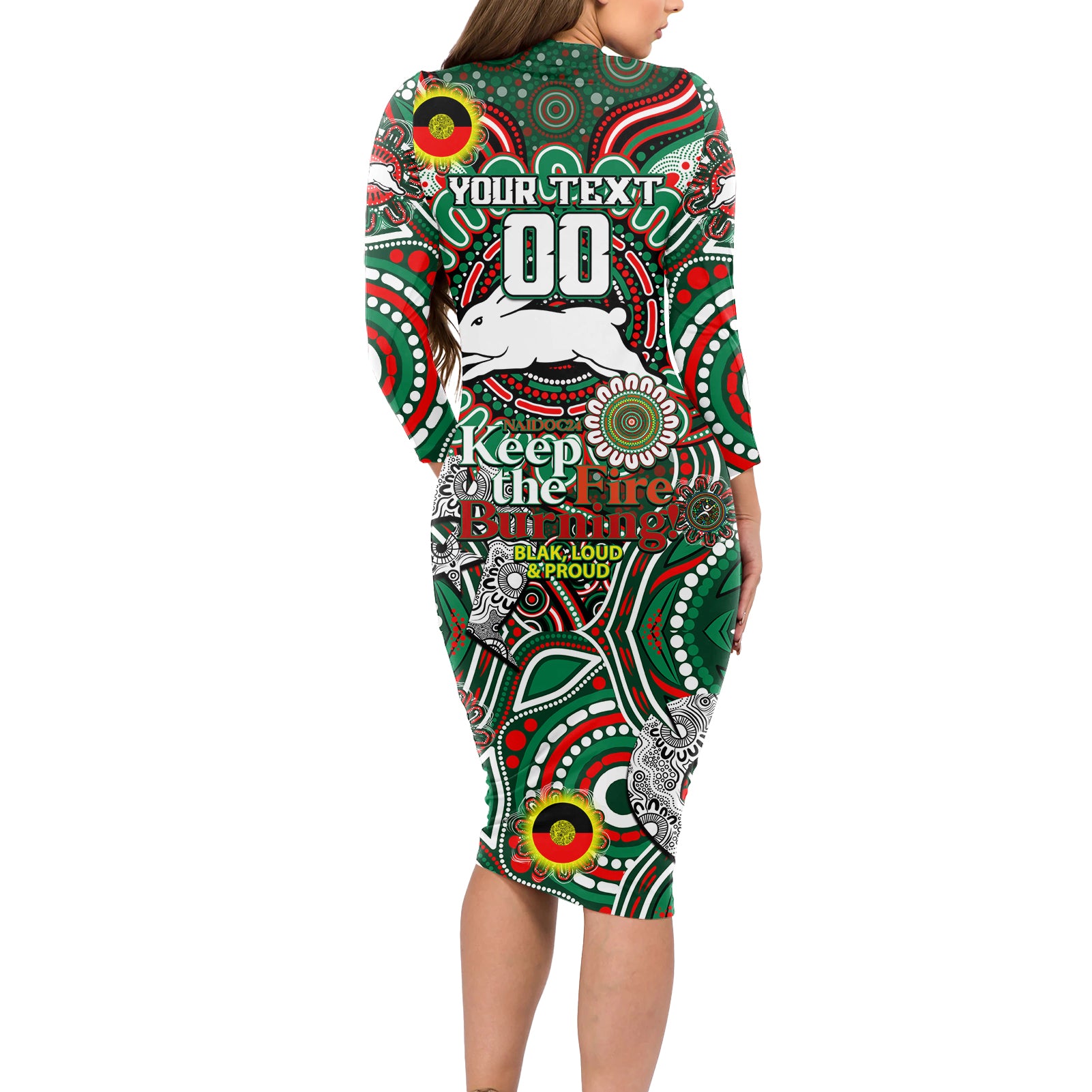 Custom NAIDOC Week 2024 Rabbitohs Long Sleeve Bodycon Dress Mascot Rugby DT02