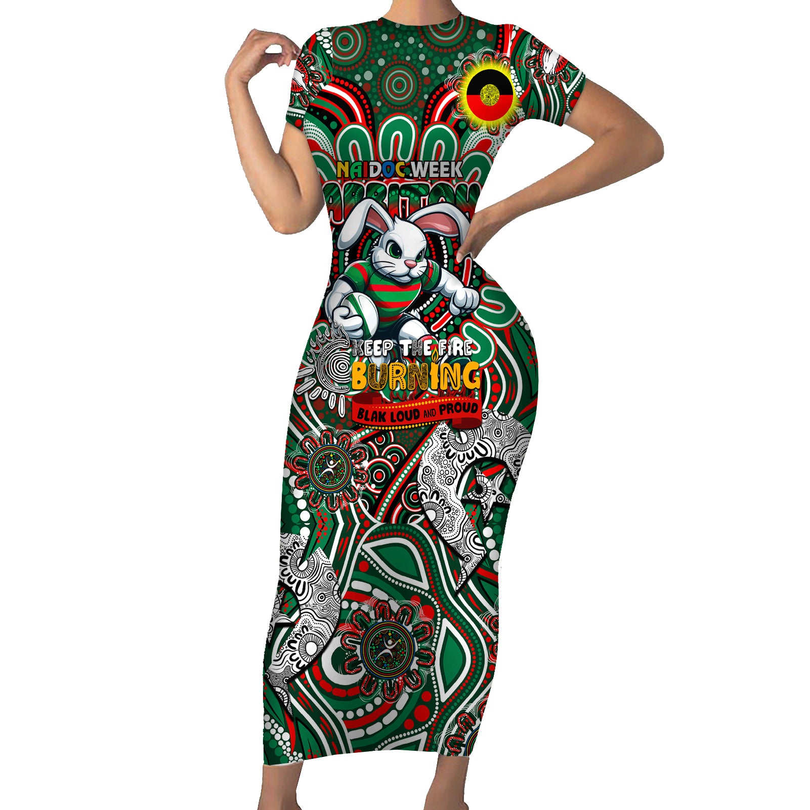 Custom NAIDOC Week 2024 Rabbitohs Short Sleeve Bodycon Dress Mascot Rugby DT02
