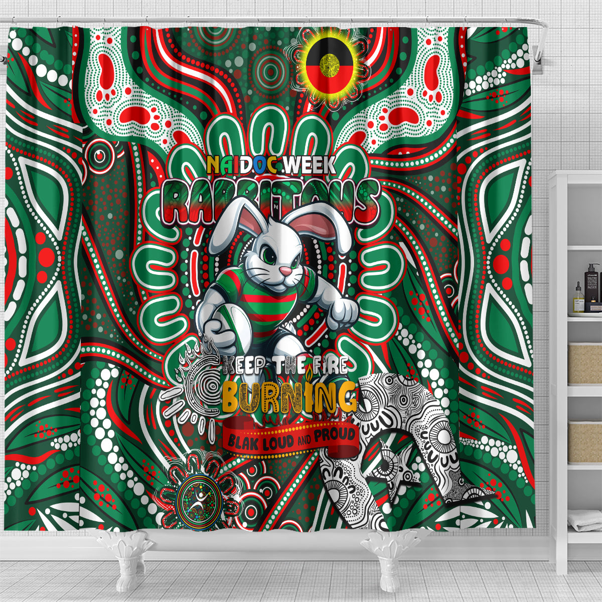 NAIDOC Week 2024 Rabbitohs Shower Curtain Mascot Rugby