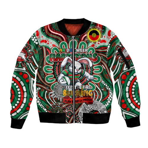 Custom NAIDOC Week 2024 Rabbitohs Sleeve Zip Bomber Jacket Mascot Rugby DT02
