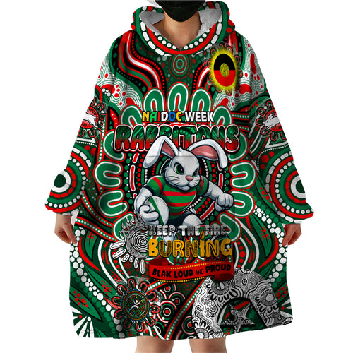 Custom NAIDOC Week 2024 Rabbitohs Wearable Blanket Hoodie Mascot Rugby DT02