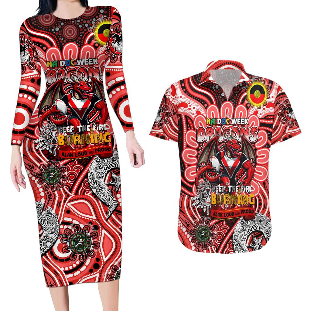 Custom NAIDOC Week 2024 Dragons Couples Matching Long Sleeve Bodycon Dress and Hawaiian Shirt Mascot Rugby