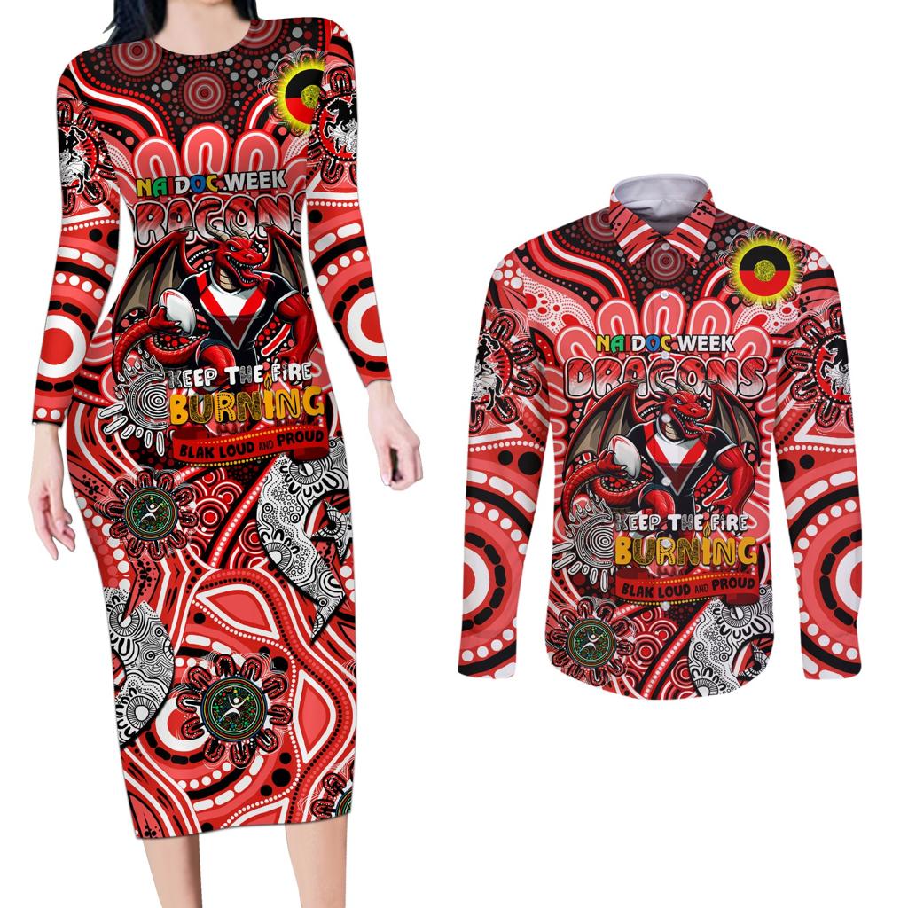 Custom NAIDOC Week 2024 Dragons Couples Matching Long Sleeve Bodycon Dress and Long Sleeve Button Shirt Mascot Rugby