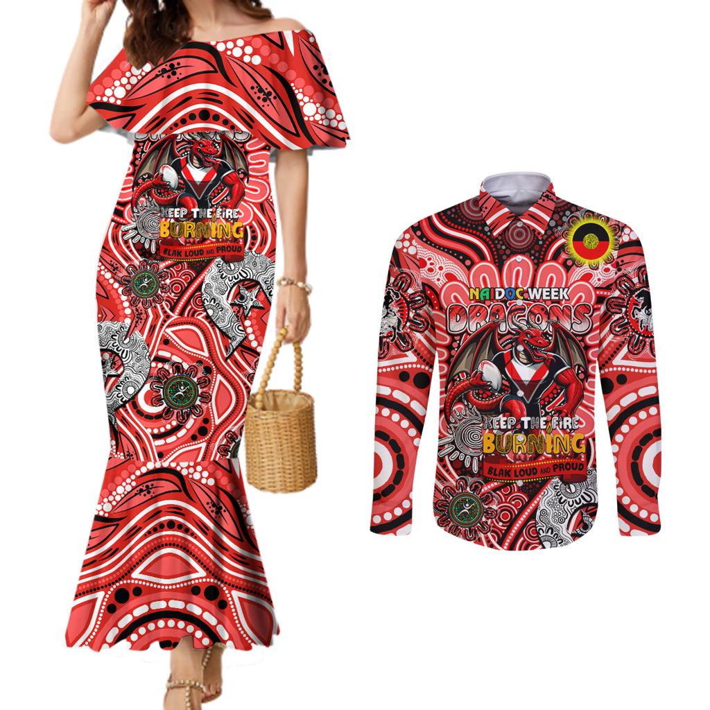 Custom NAIDOC Week 2024 Dragons Couples Matching Mermaid Dress and Long Sleeve Button Shirt Mascot Rugby