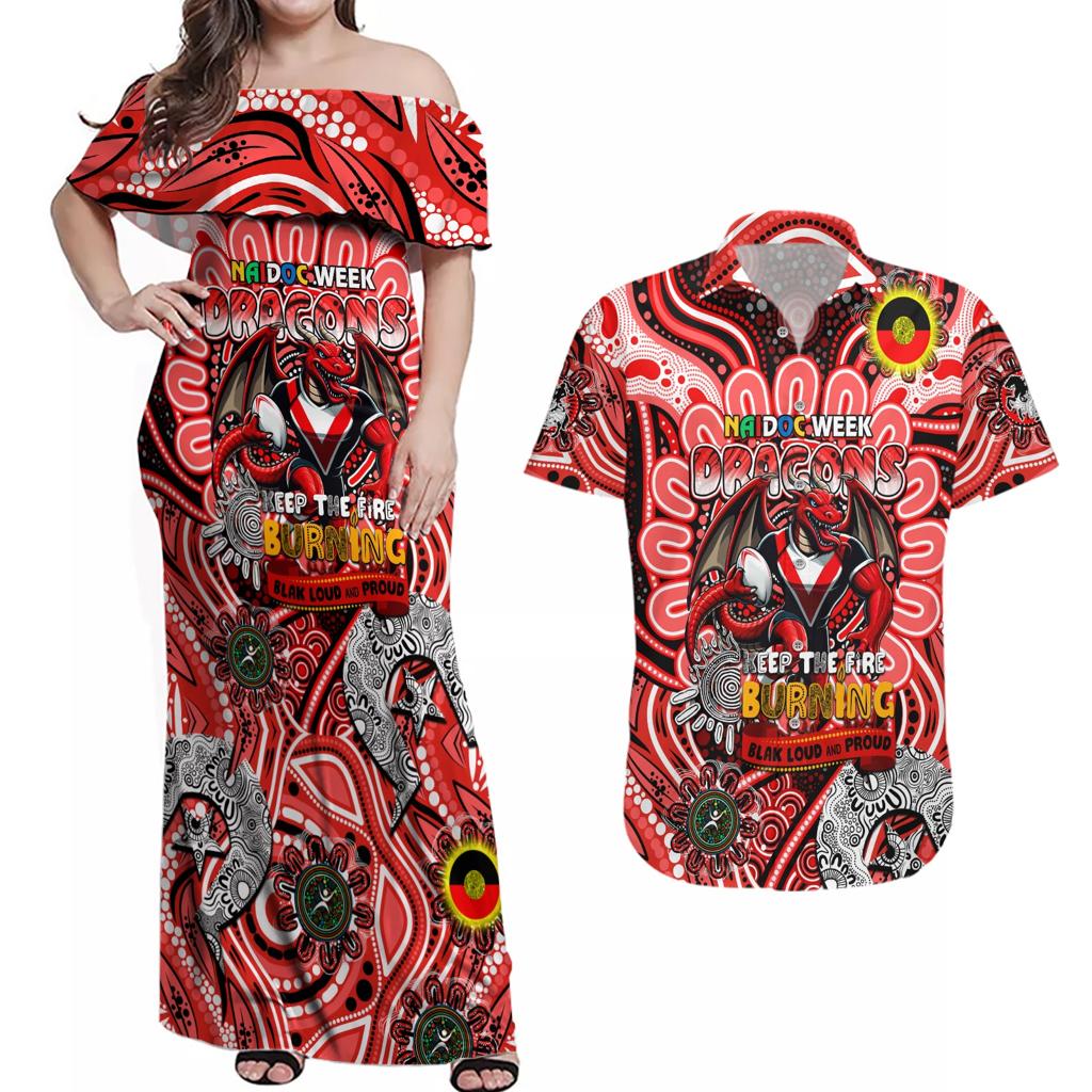 Custom NAIDOC Week 2024 Dragons Couples Matching Off Shoulder Maxi Dress and Hawaiian Shirt Mascot Rugby