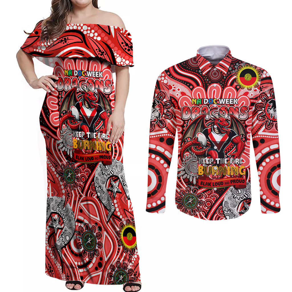 Custom NAIDOC Week 2024 Dragons Couples Matching Off Shoulder Maxi Dress and Long Sleeve Button Shirt Mascot Rugby