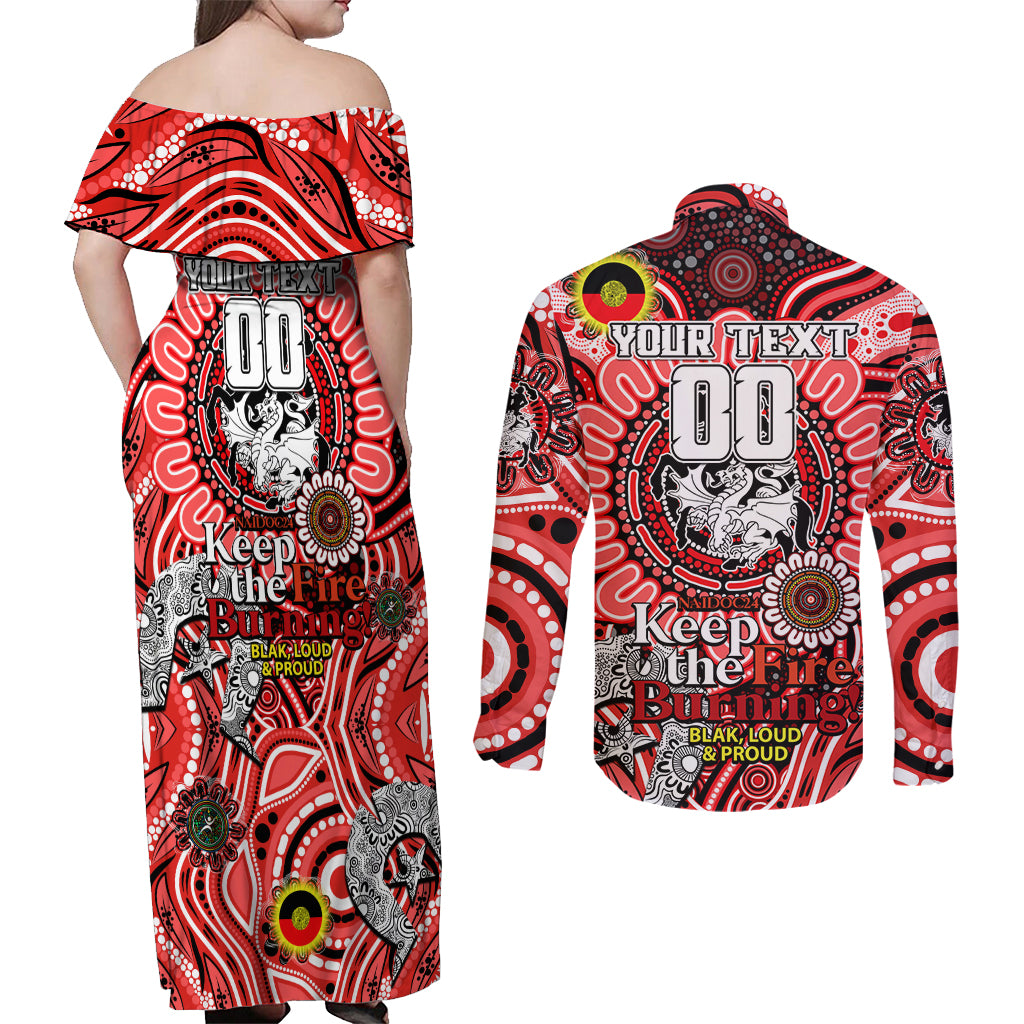 Custom NAIDOC Week 2024 Dragons Couples Matching Off Shoulder Maxi Dress and Long Sleeve Button Shirt Mascot Rugby