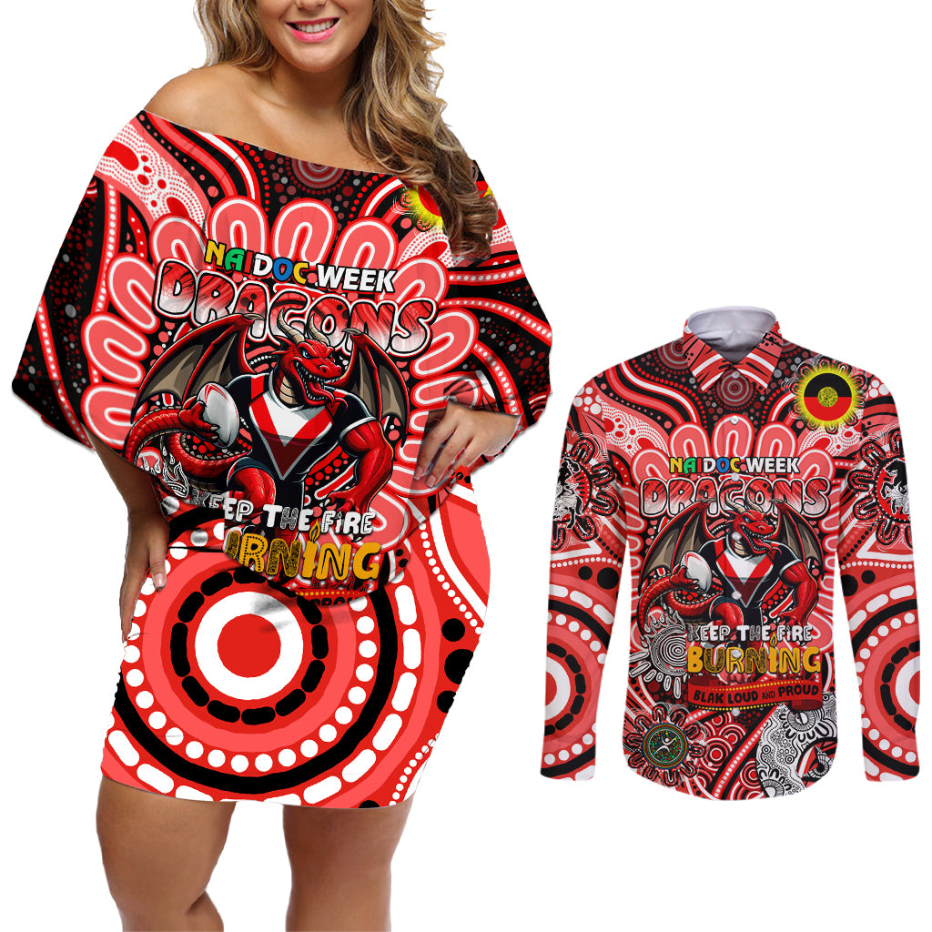 Custom NAIDOC Week 2024 Dragons Couples Matching Off Shoulder Short Dress and Long Sleeve Button Shirt Mascot Rugby