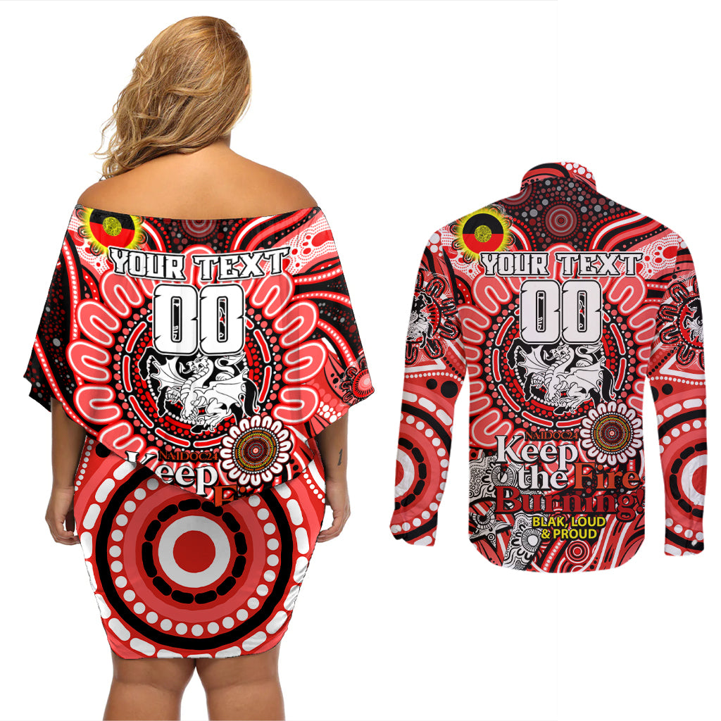 Custom NAIDOC Week 2024 Dragons Couples Matching Off Shoulder Short Dress and Long Sleeve Button Shirt Mascot Rugby
