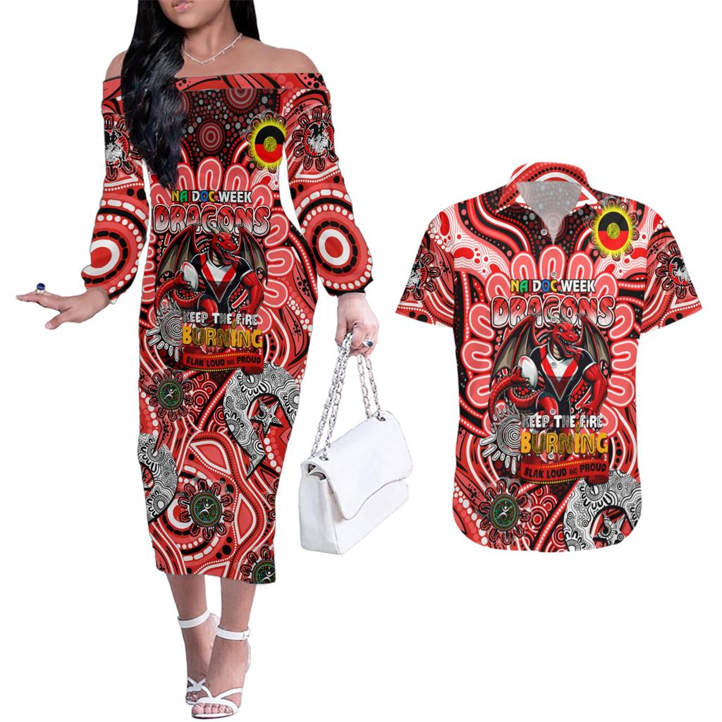 Custom NAIDOC Week 2024 Dragons Couples Matching Off The Shoulder Long Sleeve Dress and Hawaiian Shirt Mascot Rugby