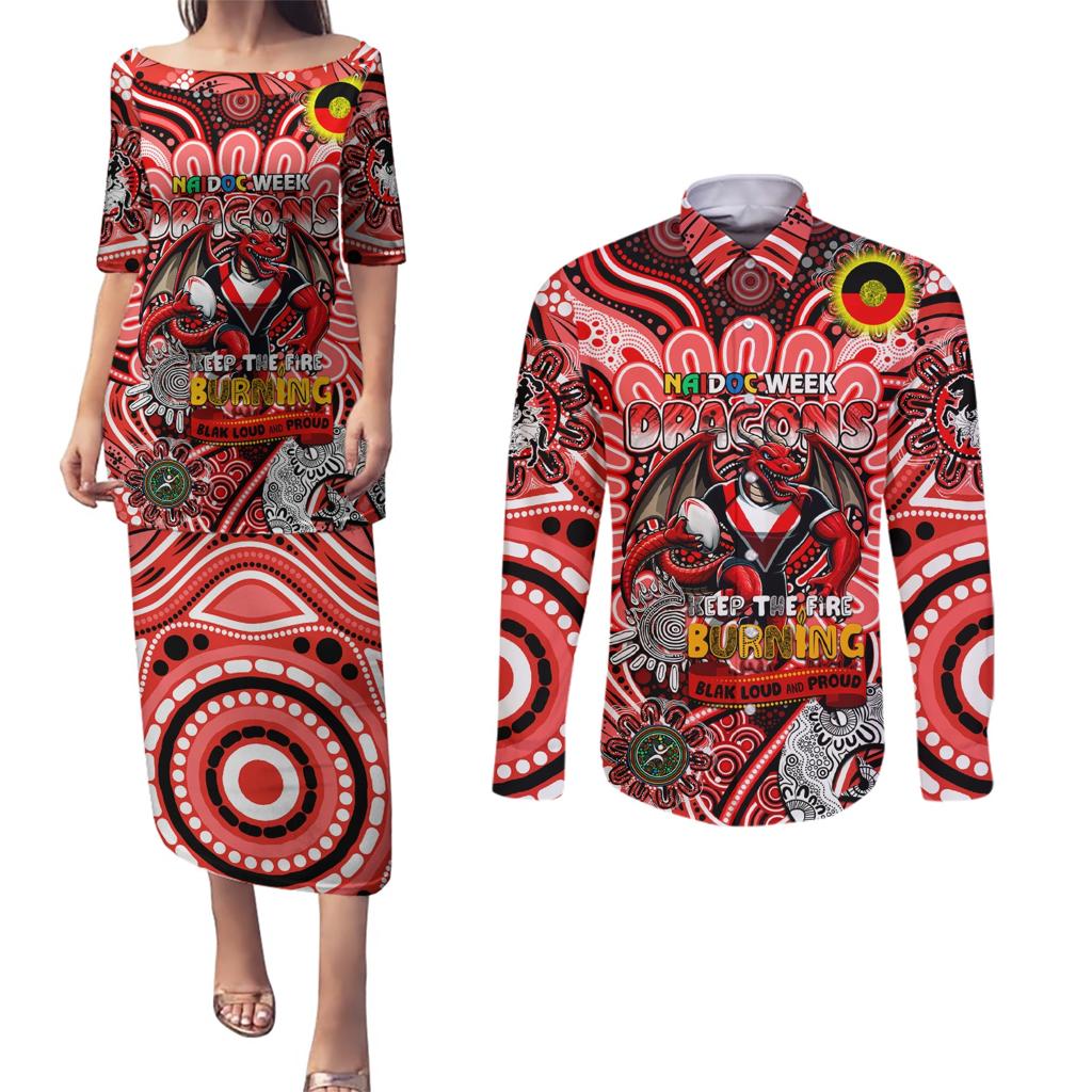 Custom NAIDOC Week 2024 Dragons Couples Matching Puletasi and Long Sleeve Button Shirt Mascot Rugby