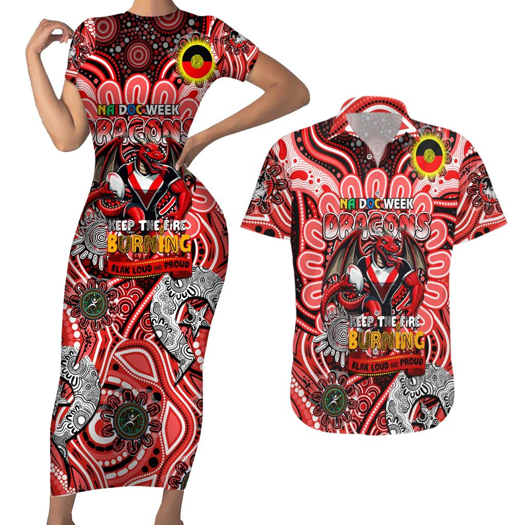 Custom NAIDOC Week 2024 Dragons Couples Matching Short Sleeve Bodycon Dress and Hawaiian Shirt Mascot Rugby