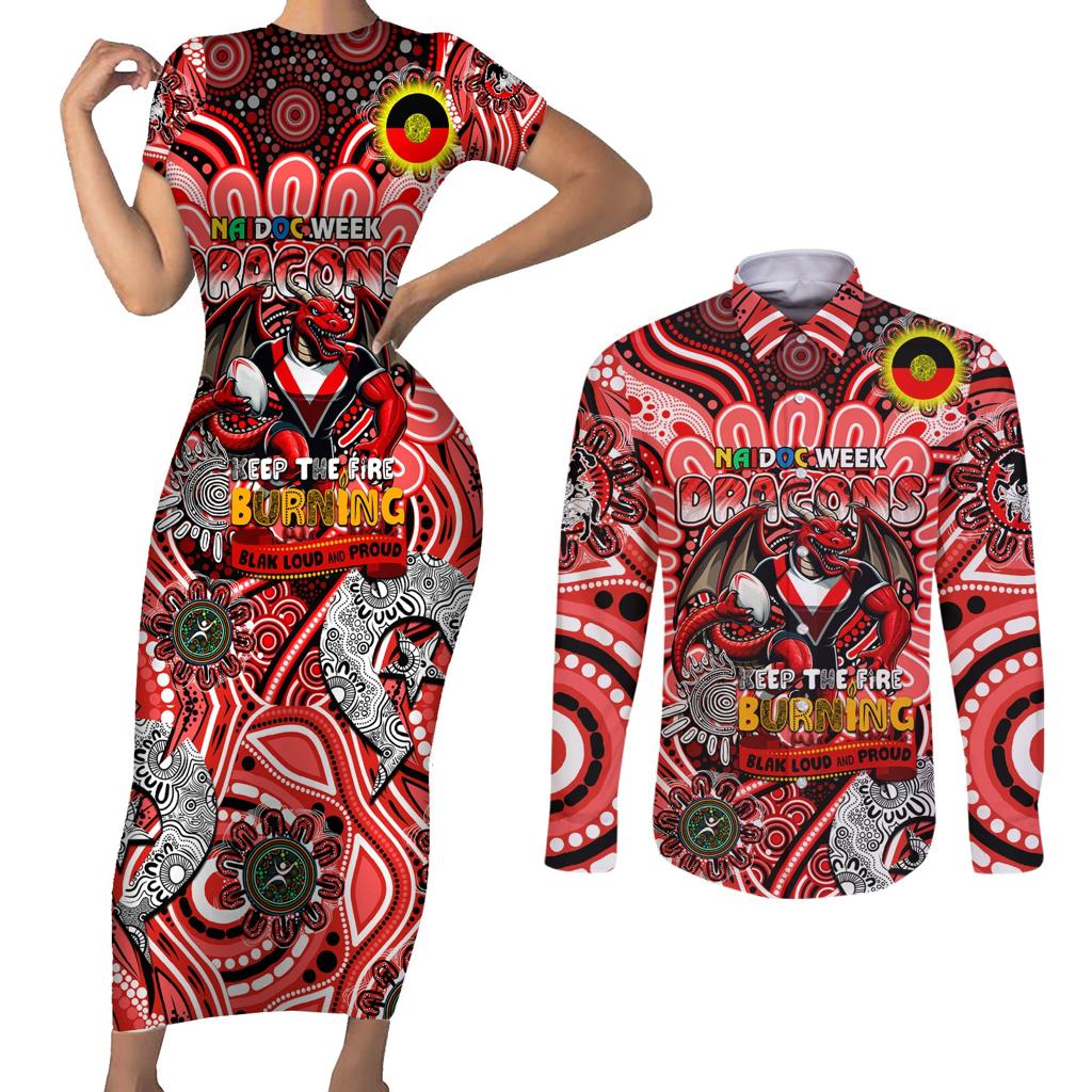 Custom NAIDOC Week 2024 Dragons Couples Matching Short Sleeve Bodycon Dress and Long Sleeve Button Shirt Mascot Rugby
