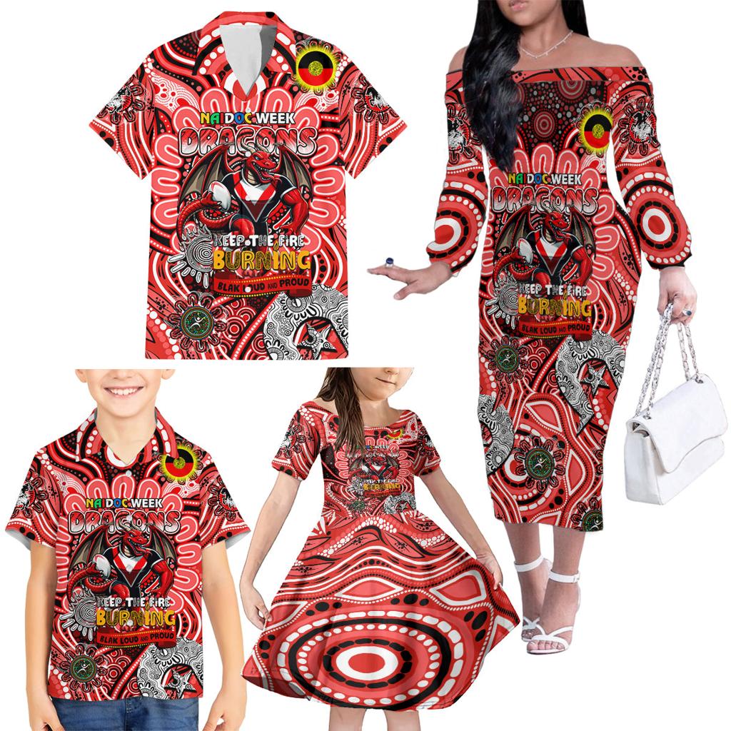 Custom NAIDOC Week 2024 Dragons Family Matching Off The Shoulder Long Sleeve Dress and Hawaiian Shirt Mascot Rugby
