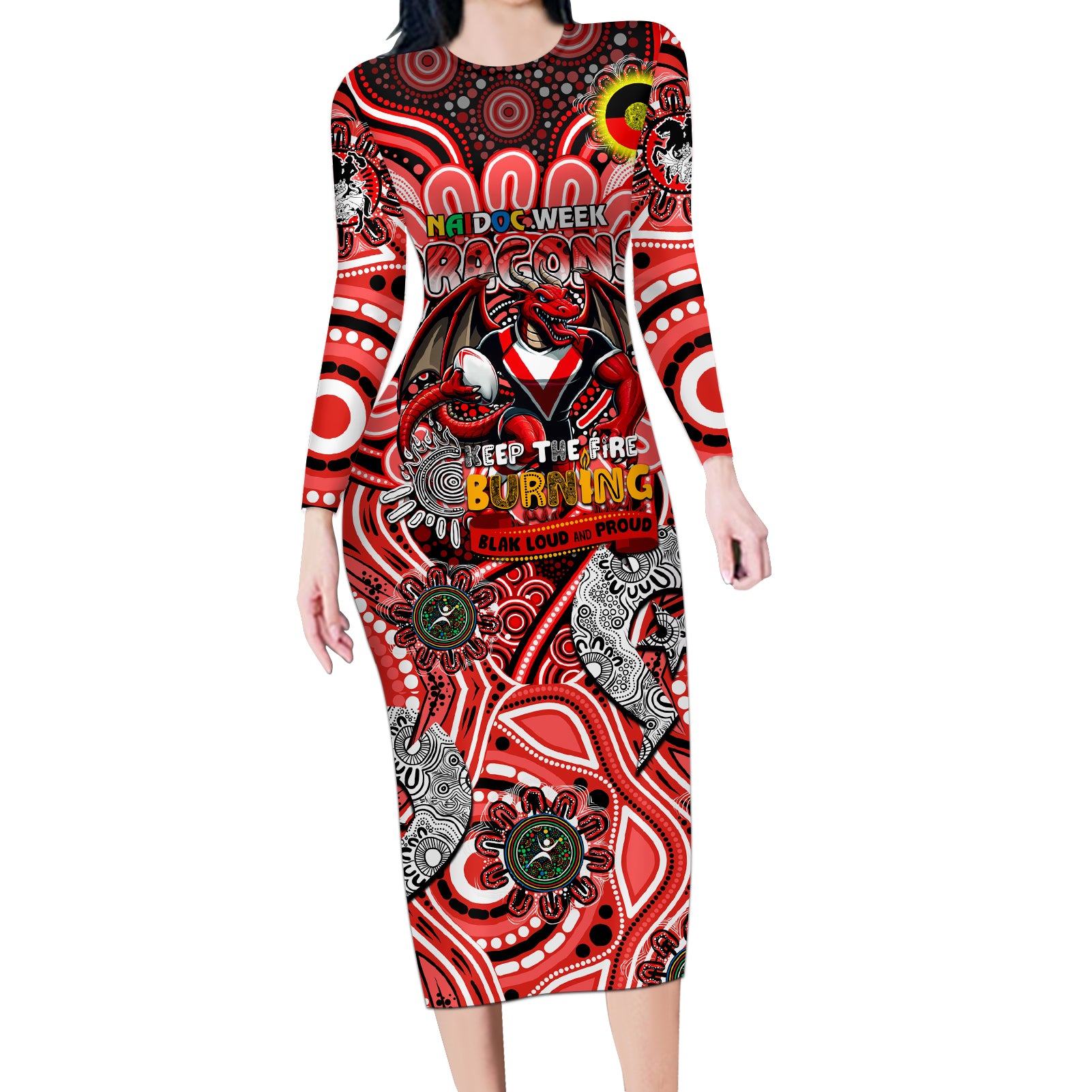 Custom NAIDOC Week 2024 Dragons Long Sleeve Bodycon Dress Mascot Rugby