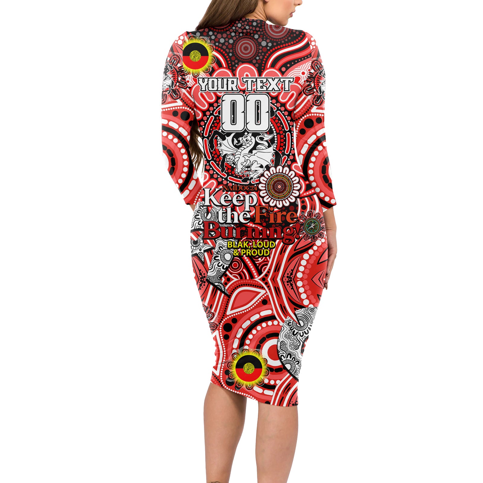 Custom NAIDOC Week 2024 Dragons Long Sleeve Bodycon Dress Mascot Rugby