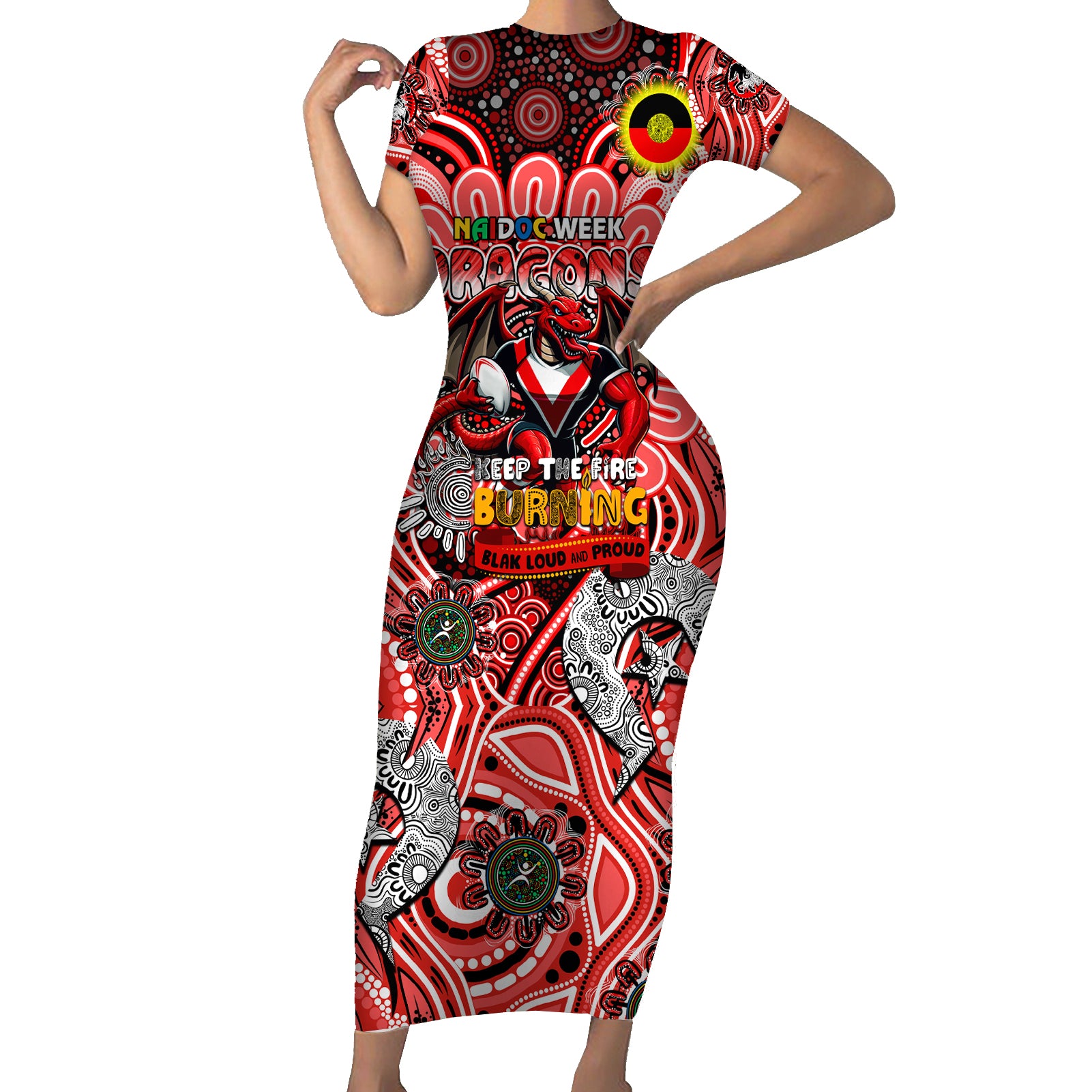 Custom NAIDOC Week 2024 Dragons Short Sleeve Bodycon Dress Mascot Rugby