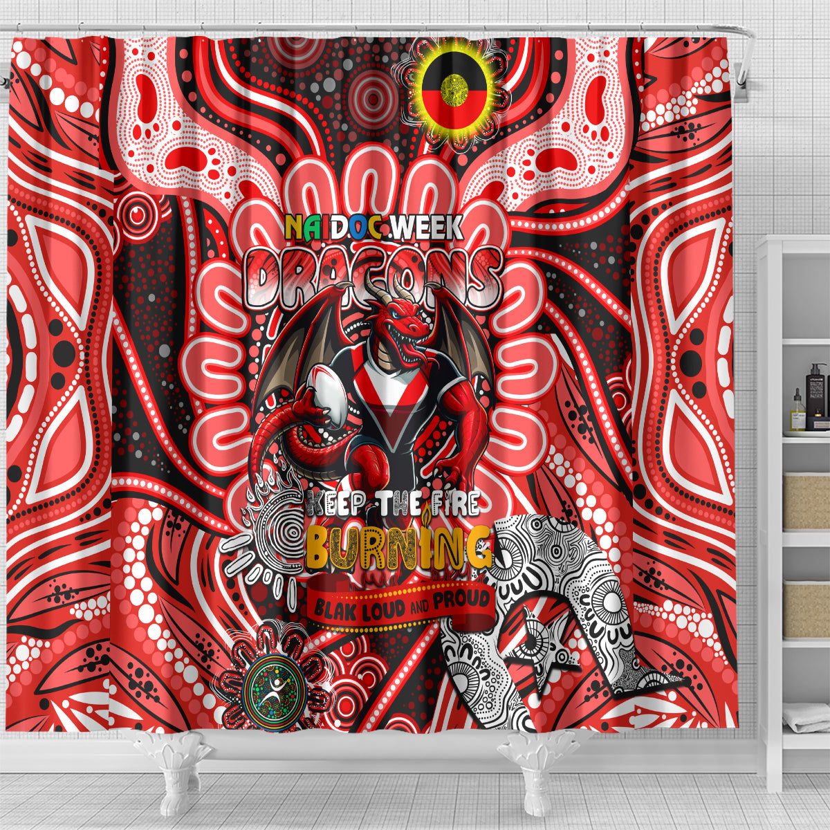 NAIDOC Week 2024 Dragons Shower Curtain Mascot Rugby