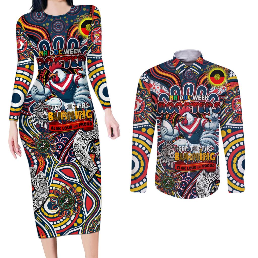 Custom NAIDOC Week 2024 Roosters Couples Matching Long Sleeve Bodycon Dress and Long Sleeve Button Shirt Mascot Rugby