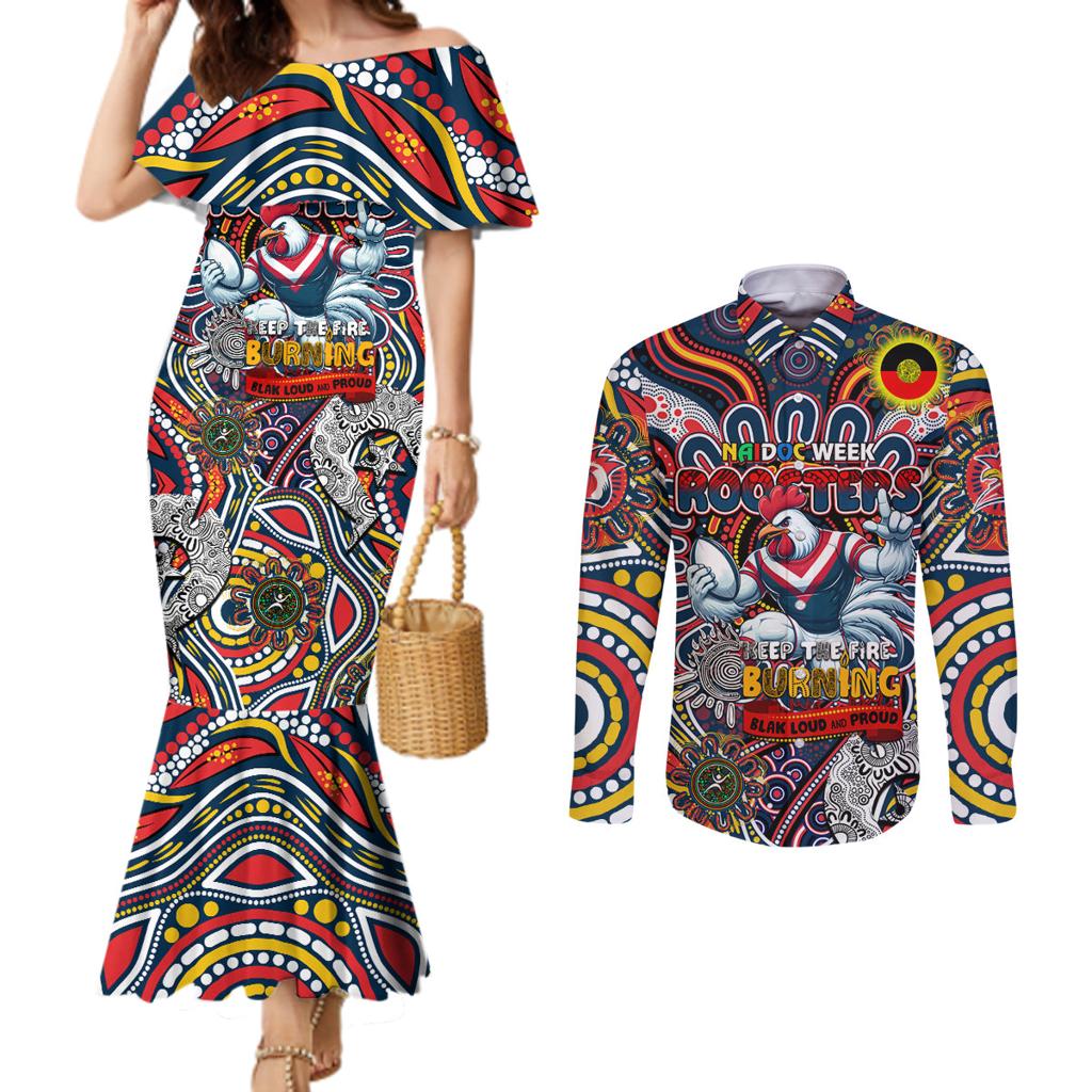 Custom NAIDOC Week 2024 Roosters Couples Matching Mermaid Dress and Long Sleeve Button Shirt Mascot Rugby