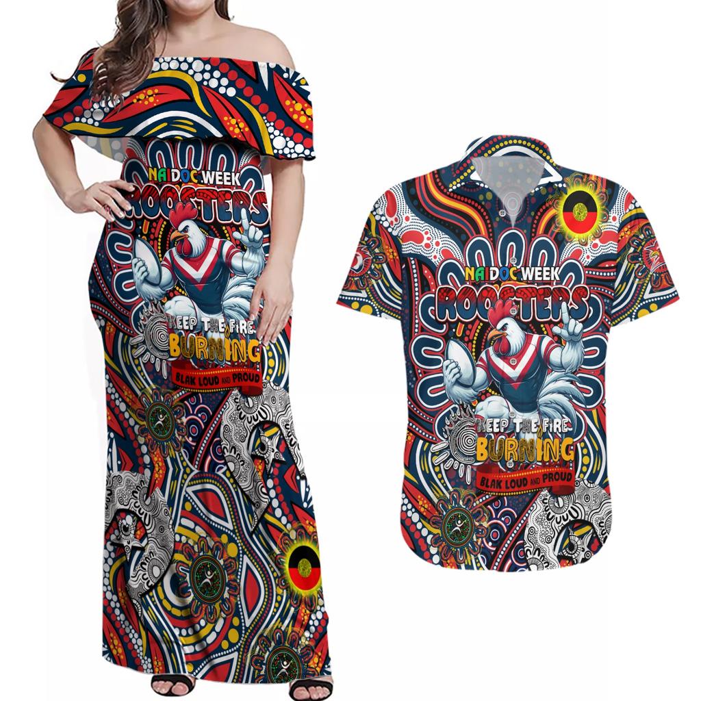 Custom NAIDOC Week 2024 Roosters Couples Matching Off Shoulder Maxi Dress and Hawaiian Shirt Mascot Rugby