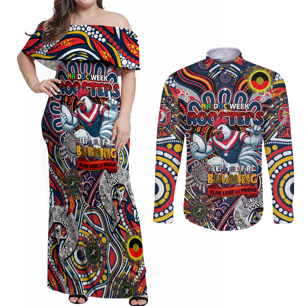 Custom NAIDOC Week 2024 Roosters Couples Matching Off Shoulder Maxi Dress and Long Sleeve Button Shirt Mascot Rugby