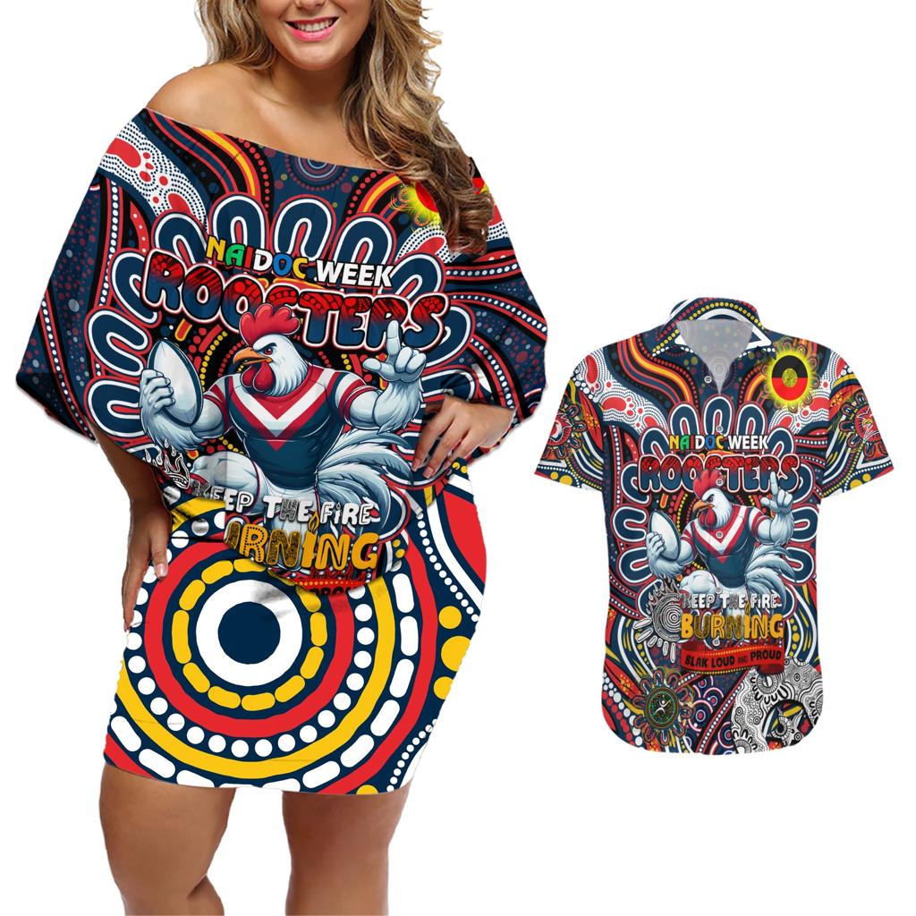 Custom NAIDOC Week 2024 Roosters Couples Matching Off Shoulder Short Dress and Hawaiian Shirt Mascot Rugby