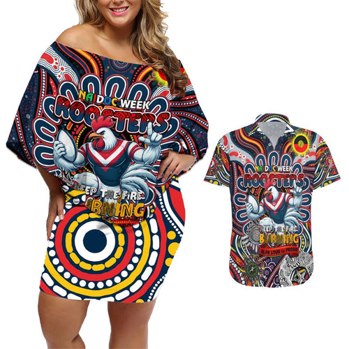 Custom NAIDOC Week 2024 Roosters Couples Matching Off Shoulder Short Dress and Hawaiian Shirt Mascot Rugby